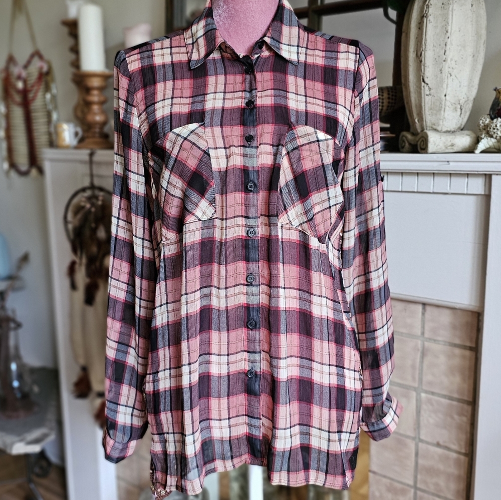 Band of Gypsies Pink and Black Plaid Button-Down Shirt. Boho Shirt. Sheer Shirt.